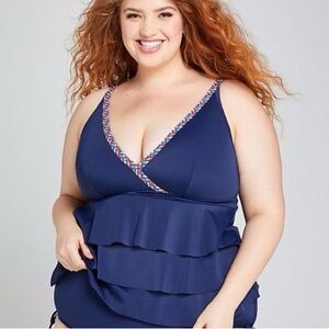 Cacique Swimsuit Spaghetti Strap Tiered Ruffle VNeck Tankini